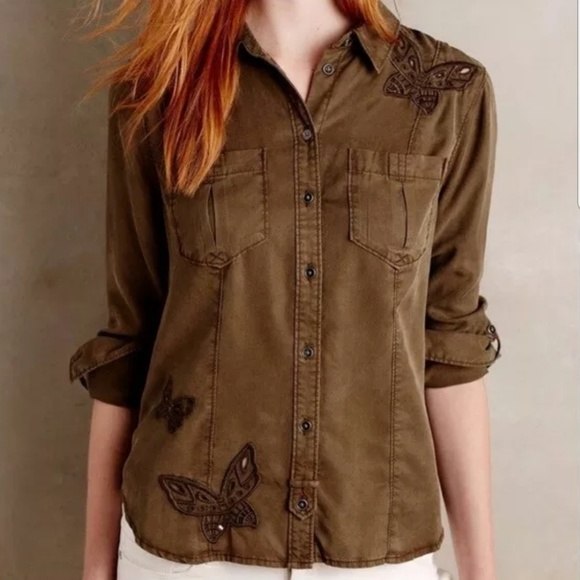 Anthropologie Tops - Anthro Holding Horses Embroidered Top 0 Olive